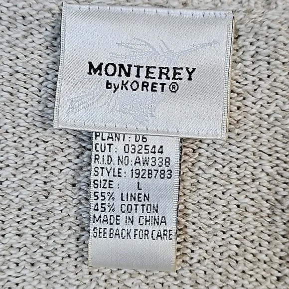 VTG Monterey by Koret Linen Cotton Knit Cream Cardigan w Embroidered Leaf Motif - Picture 12 of 16